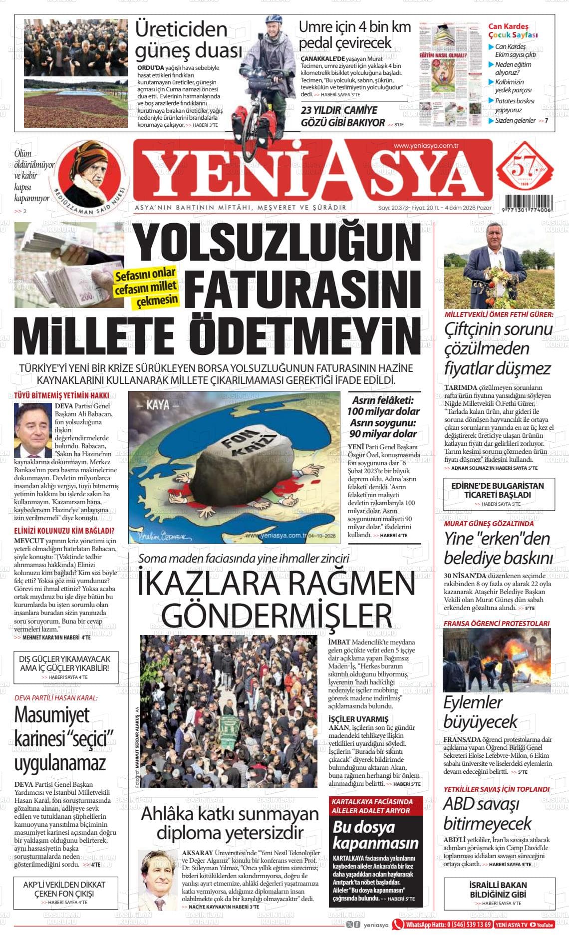 YENİ ASYA gazetesi kapağı
